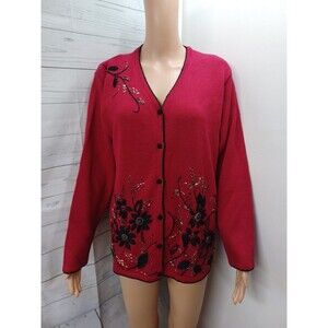 Graver Studio Cardigan Sweater Womens Sz L Beaded Embroidered Red Black